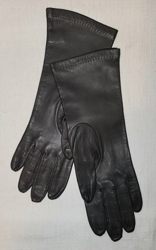 Vintage Leather Gloves 1960s Midlength Dark Smoke Gray Soft Lined Leather Gloves Rockabilly Boho 6 1/2