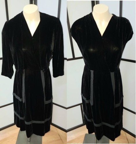 Vintage Velvet Dress 1950s Black Rayon Velvet Dress and Bolero Jacket Mid Century German Rockabilly M L