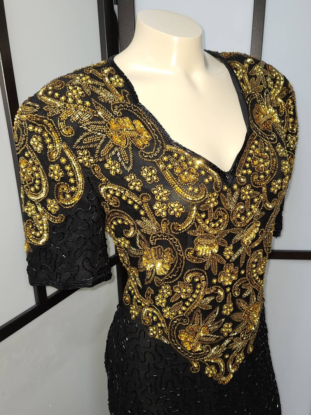 Unworn Vintage Sequin Dress 1990s Scala Gold Bead Sequin Black Silk Open Back Trophy Dress NWT Boho M