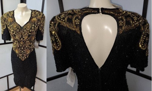 Unworn Vintage Sequin Dress 1990s Scala Gold Bead Sequin Black Silk Open Back Trophy Dress NWT Boho M