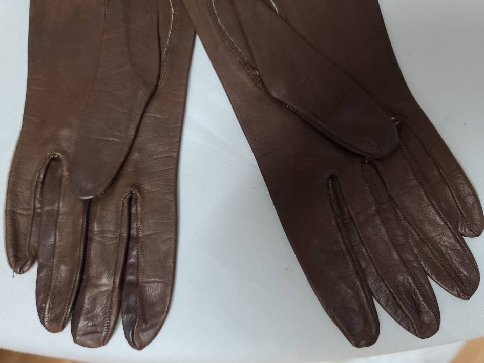 Vintage Leather Gloves 1950s 60s Midlength Thin Brown Leather Gloves Rockabilly Pinup 6.5
