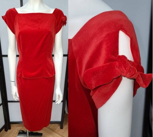 Vintage 1950s Skirt and Top Red Velvet Open Sleeves Bows Pencil Wrap Skirt Rosecrest NY Amazing Rockabilly Pinup Top S M Skirt XS S