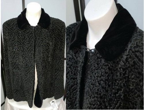 Vintage Faux Fur Jacket 1950s Black Curly Faux Lamb Fur Jacket Short Coat Top Button Velvet Collar Rockabilly Boho L