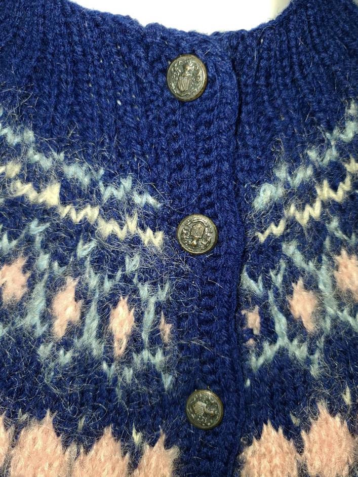 SALE Vintage Cardigan Sweater 1960s 70s Blue Sweater Pink Angora Diamond Neckline Trim poss Hand Knit Metal Buttons Boho M