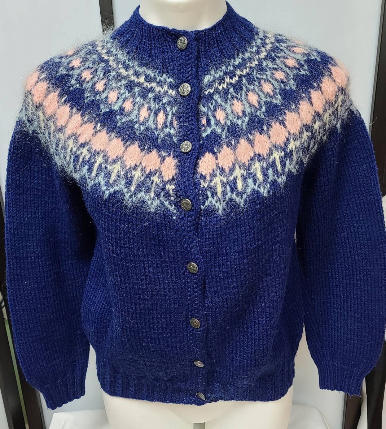 SALE Vintage Cardigan Sweater 1960s 70s Blue Sweater Pink Angora Diamond Neckline Trim poss Hand Knit Metal Buttons Boho M