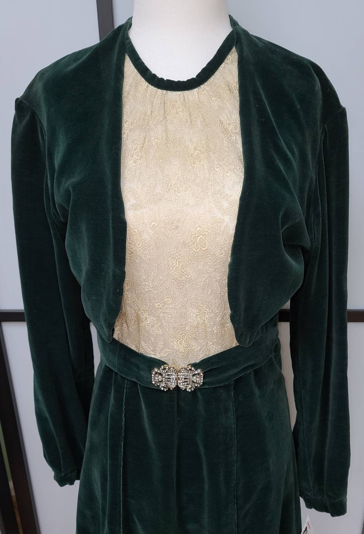 Vintage 1930s Dress Green Velvet Dress Cream Lace Front Panel Built In Bolero Rhinestone Belt German Art Deco S M