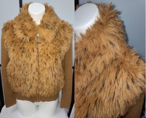 Vintage Faux Fur Sweater 1970s Shaggy Brown Fun Fur Cardigan Sweater Atrium Metal Zipper Boho Groupie L