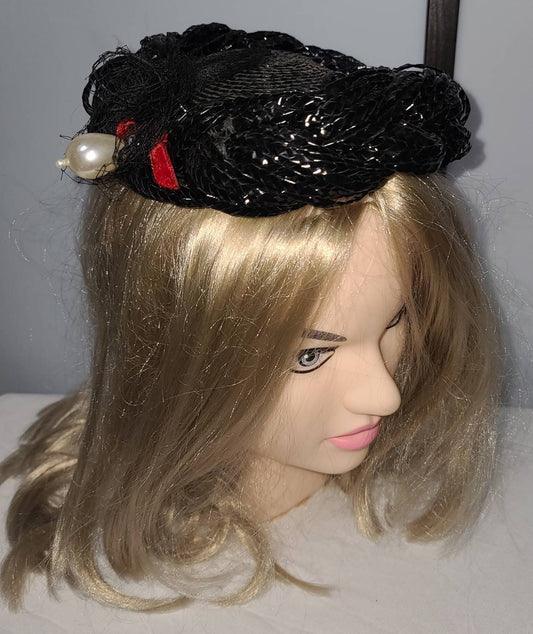 Vintage 1950s Hat Small Shiny Round Black Perch Hat Tilt Hat Large Pearl Bead Crystal Ornament Red Velvet Bow Rockabilly Pinup