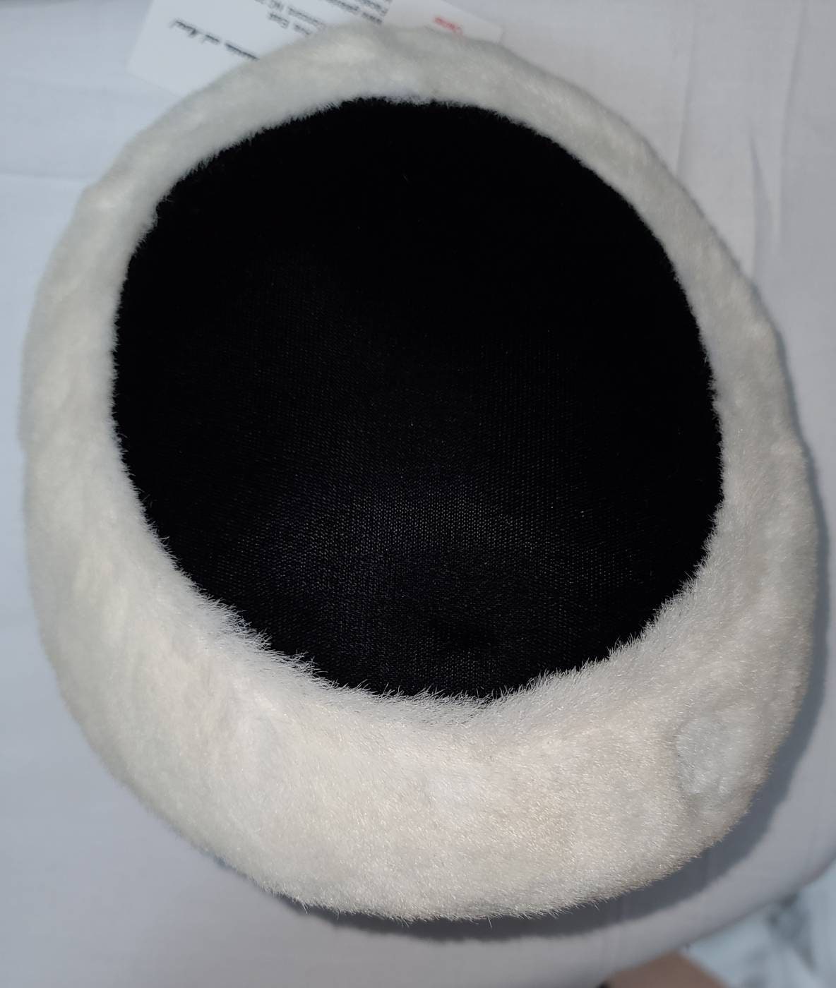 SALE Vintage 1950s Hat Black Velvet White Faux Fur Small Saucer Tilt Hat Mid Century Rockabilly 20 in.