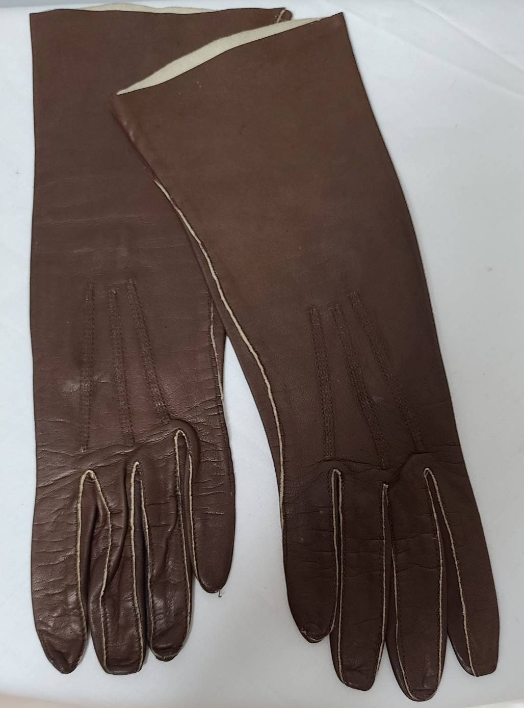 Vintage Leather Gloves 1950s 60s Midlength Thin Brown Leather Gloves Rockabilly Pinup 6.5