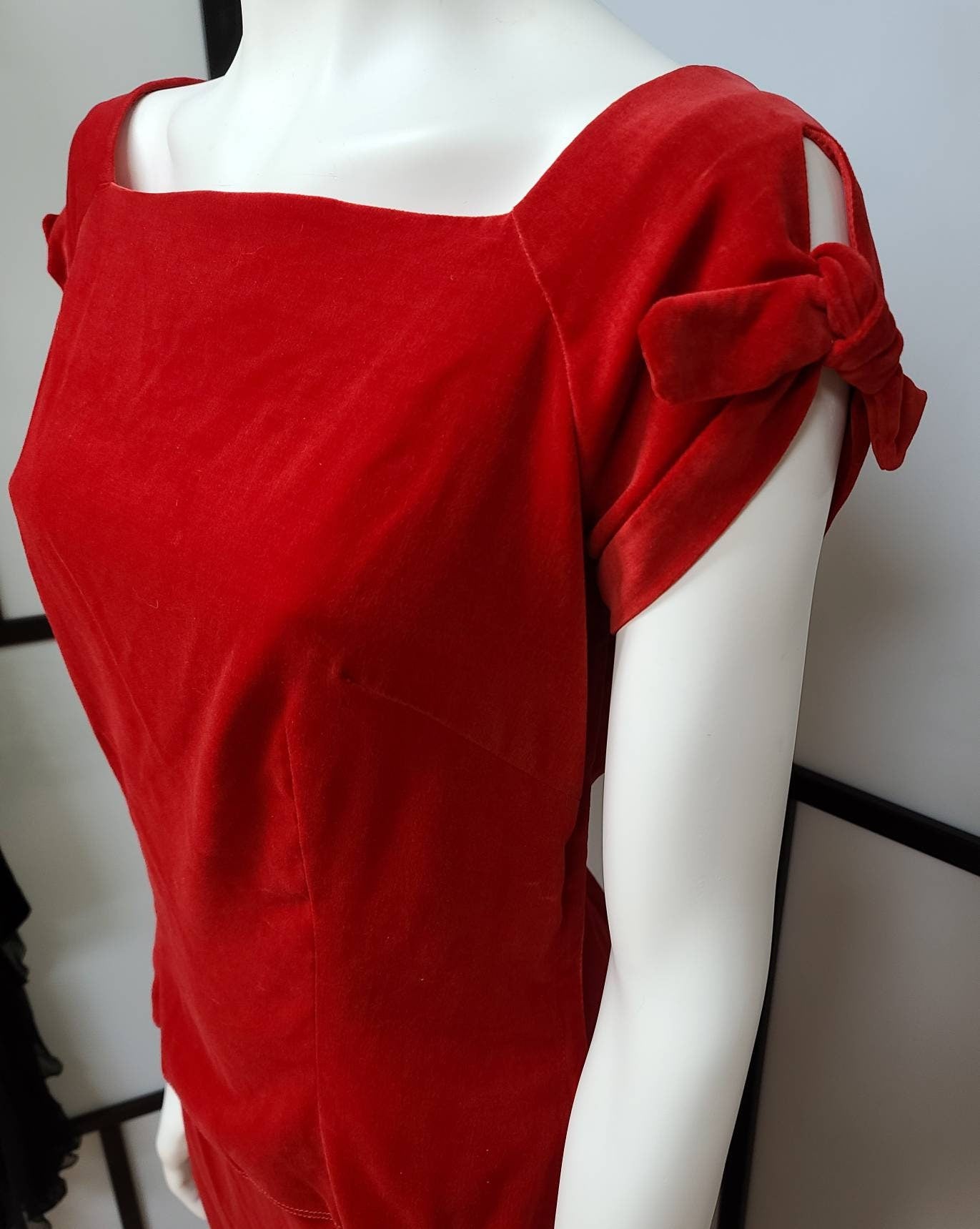 Vintage 1950s Skirt and Top Red Velvet Open Sleeves Bows Pencil Wrap Skirt Rosecrest NY Amazing Rockabilly Pinup Top S M Skirt XS S