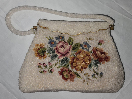 Vintage Beaded Purse Small 1950s Cream White Seed Bead Colored Floral Embroidery Top Handle Bag
