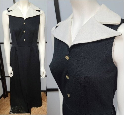 SALE Vintage 1960s 70s Dress Long Black Polyester Evening Gown White Collar Rhinestone Buttons Mid Century Mod S