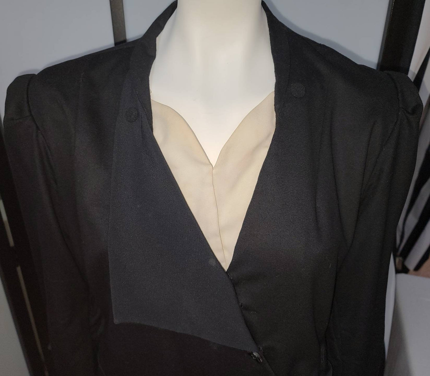 Vintage 1910s 20s Dress Black Coat Style Dress Diagonal Buttons Bows Black Glass Buttons Buckle German Art Deco Flapper XL