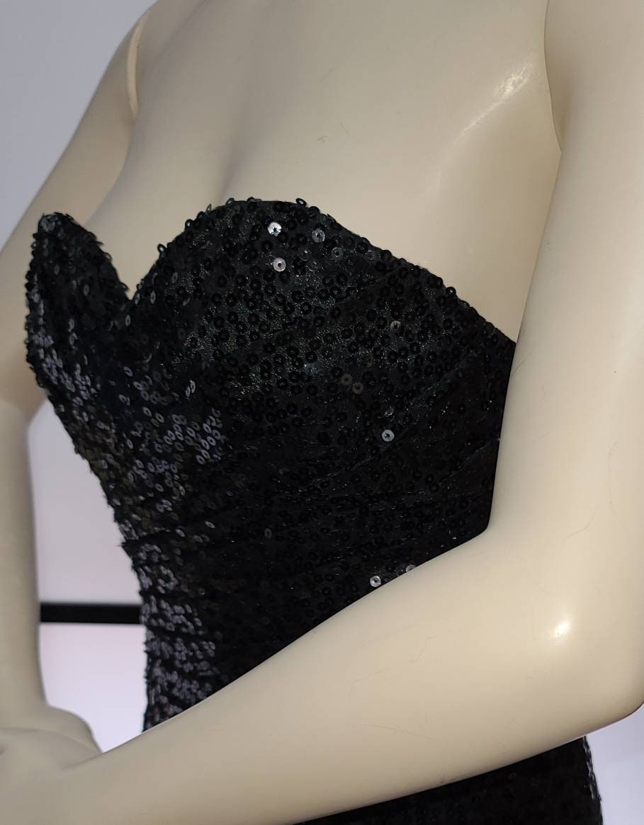 Vintage Sequin Gown 1990s Y2K Long Black Strapless Sequin Gown Sweetheart Bust Pageant Party Club Sexy Halloween Burlesque Drag XS S