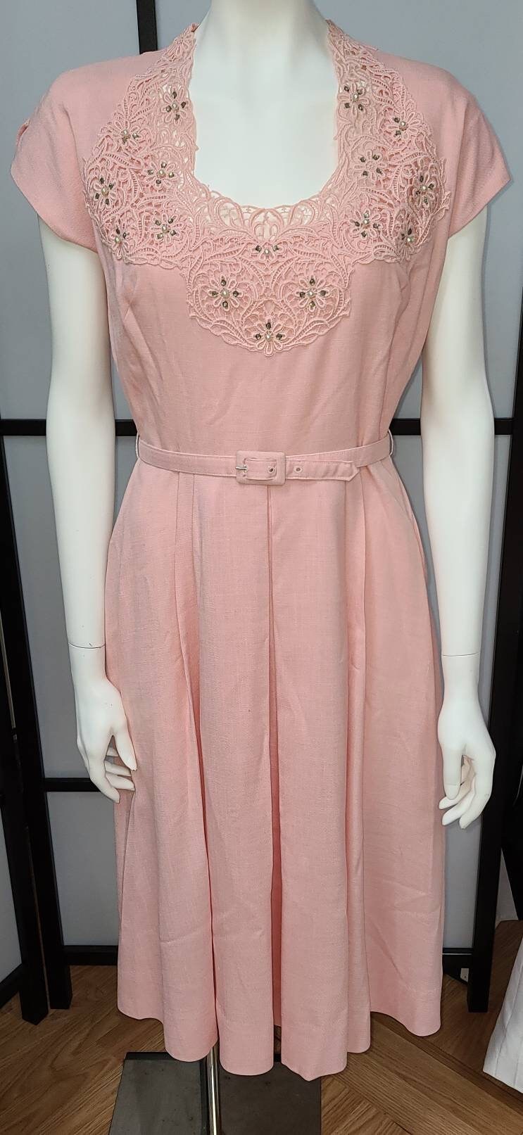 Vintage 1950s Dress with Bolero Jacket Pink Cotton Linen Dress Pearls Rhinestones Peplum Bolero Ann Kauffman Rockabilly Mid Century S M