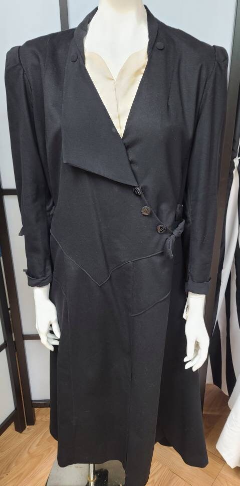 Vintage 1910s 20s Dress Black Coat Style Dress Diagonal Buttons Bows Black Glass Buttons Buckle German Art Deco Flapper XL