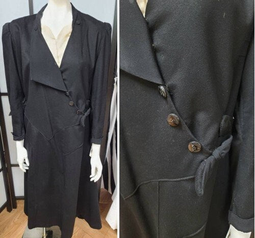 Vintage 1910s 20s Dress Black Coat Style Dress Diagonal Buttons Bows Black Glass Buttons Buckle German Art Deco Flapper XL