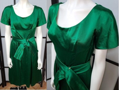 Vintage Satin Dress 1950s 60s Bright Green Satin Dress Net Underskirt Mid Century Rockabilly Dance Dress M