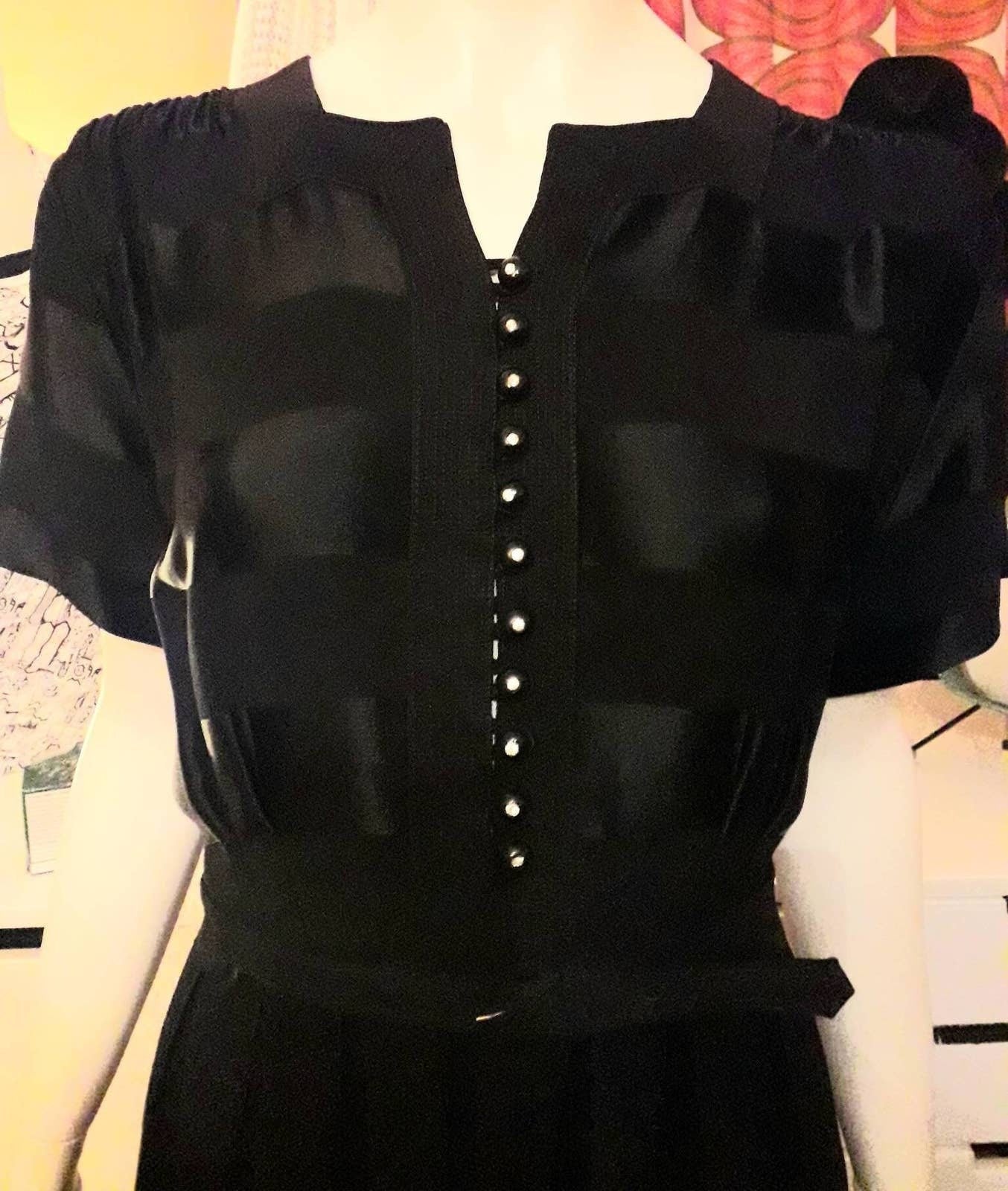 Vintage 1940s 50s Dress Black Rayon Crepe Satin Contrasting Stripes Rhinestone Buttons Day Dress Film Noir Rockabilly Plus Size XL