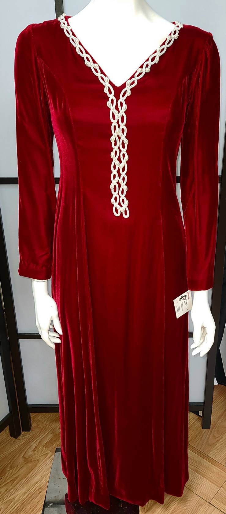 Vintage Velvet Dress 1960s 70s Long Lush Dark Red Velvet Gown Faux Pearl Trim Renaissance Boho S