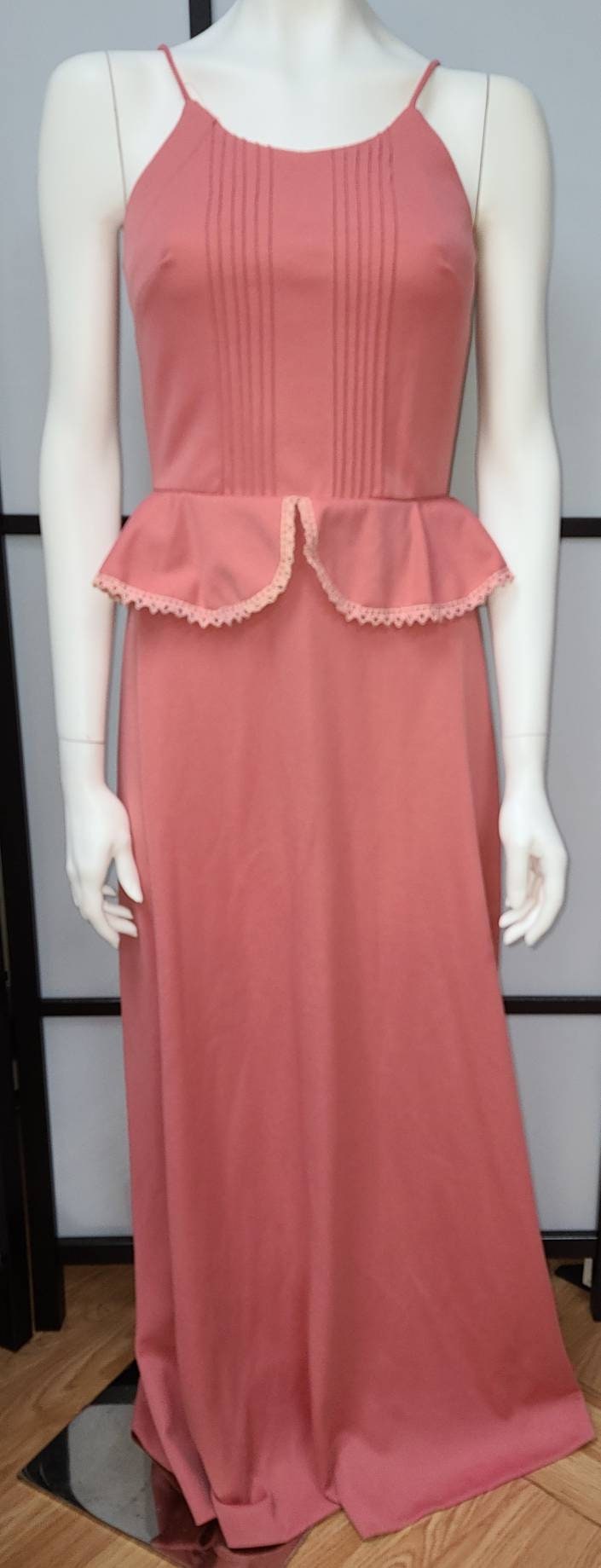SALE Vintage 1970s Dress Extra Long Dusty Rose Polyester Halter Top Spaghetti Strap Gown Peplum Waist Boho S