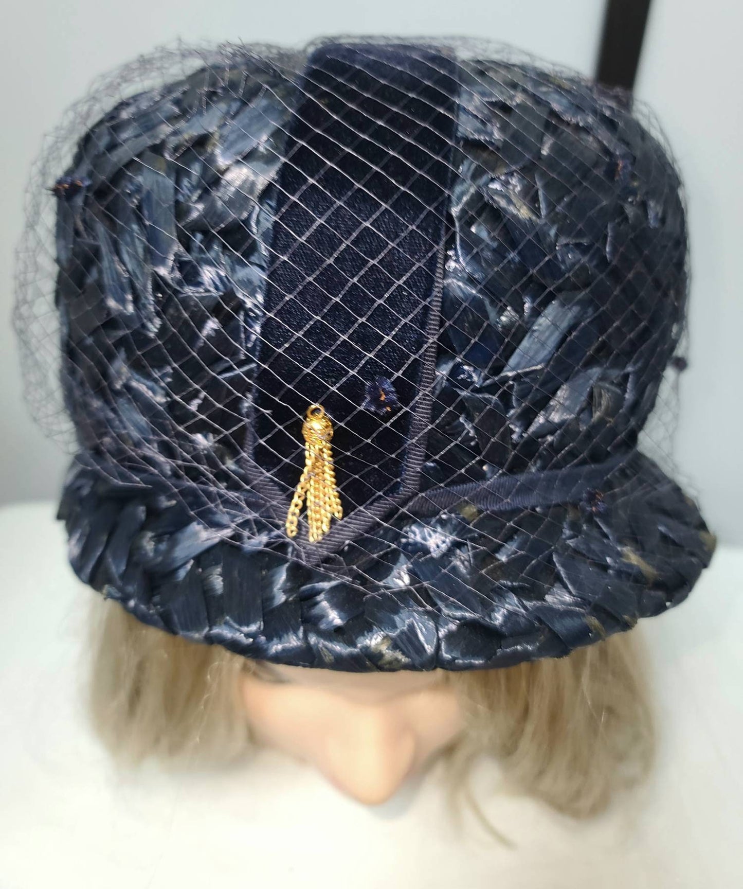 Vintage 1960s Hat Navy Blue Straw Raffia Bubble Hat Velvet Ribbon Gold Ornament Mid Century Mod 21 in.