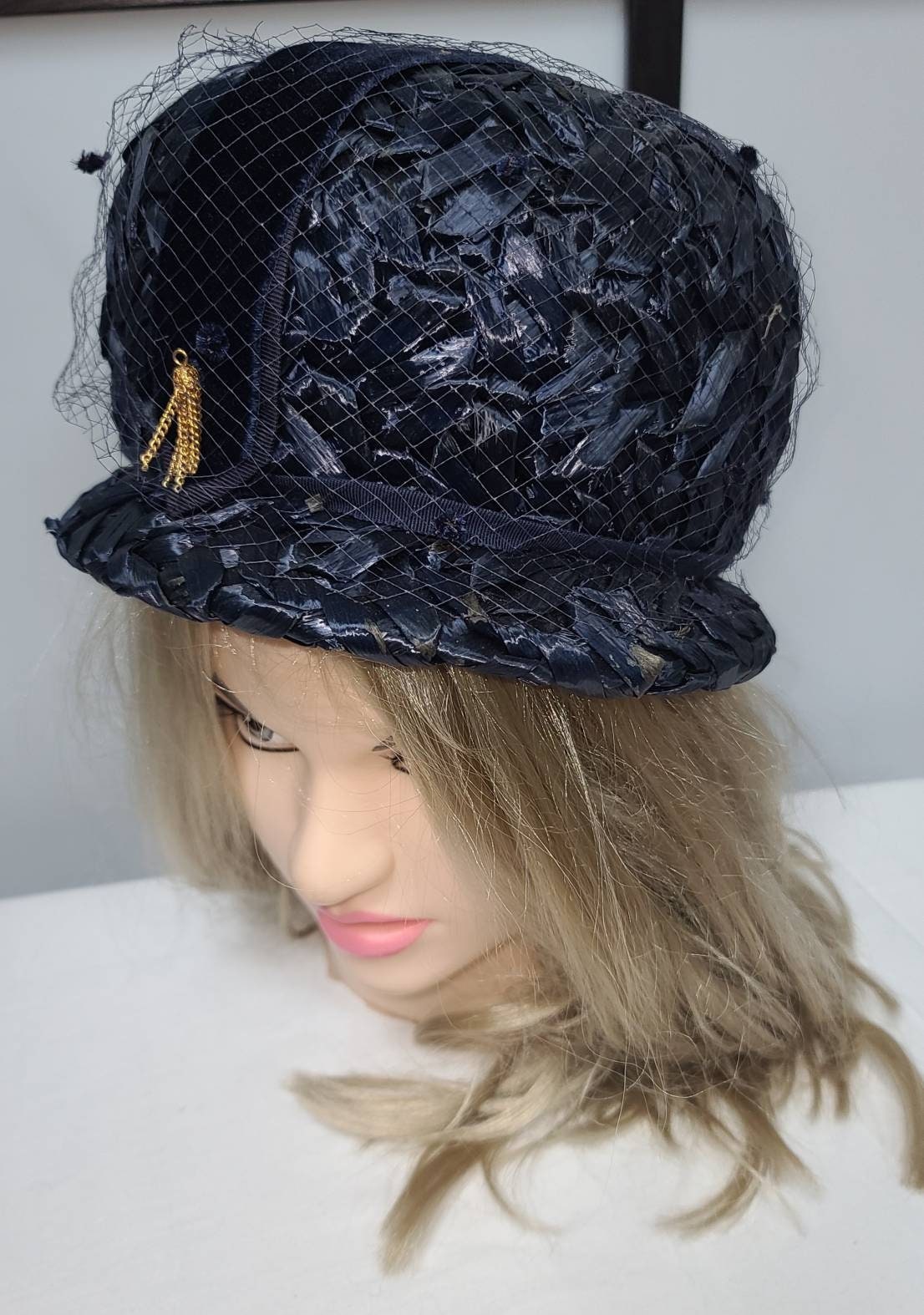 Vintage 1960s Hat Navy Blue Straw Raffia Bubble Hat Velvet Ribbon Gold Ornament Mid Century Mod 21 in.