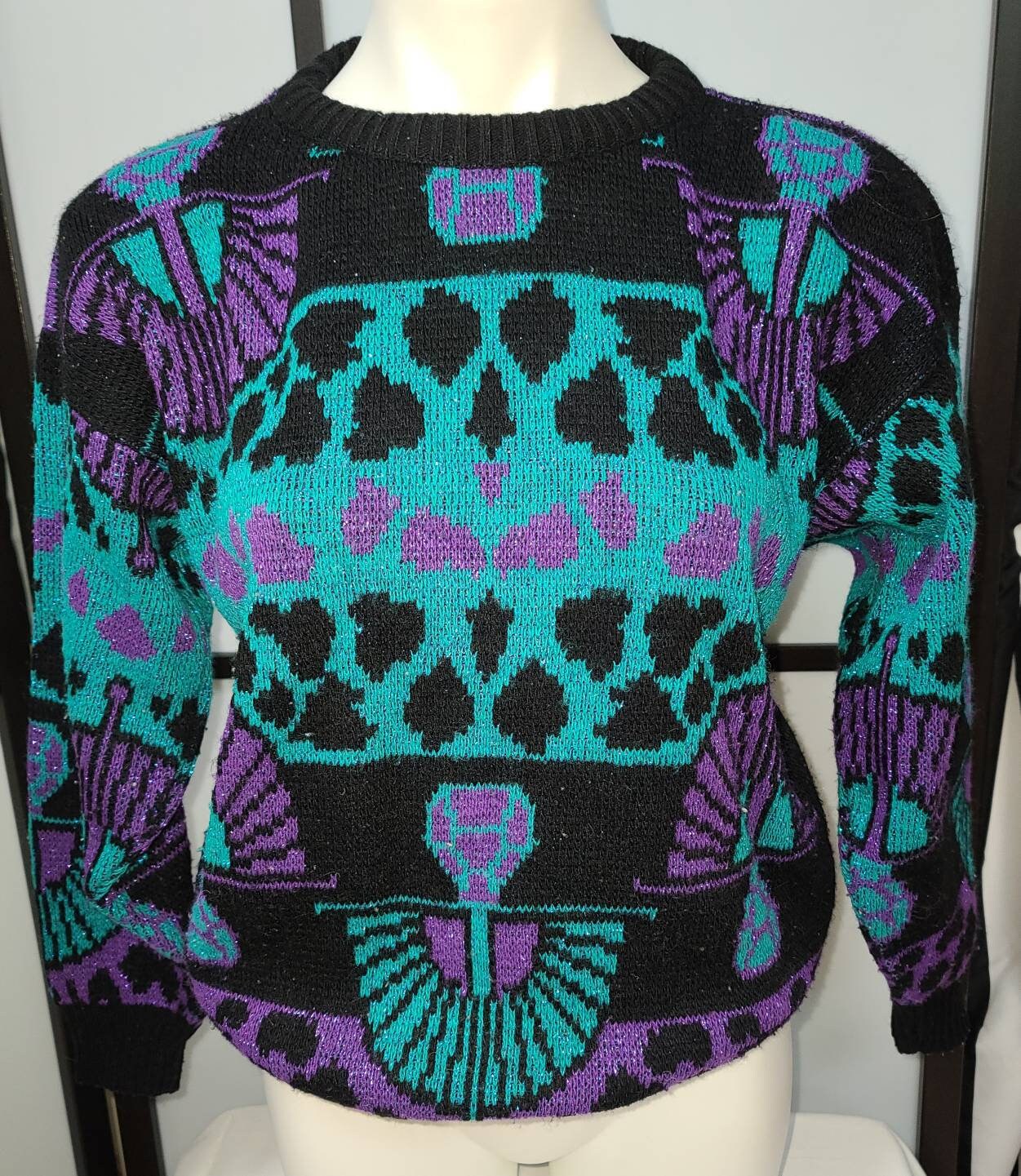 Vintage 1980s Sweater Amazing Black Purple Green Metallic Abstract Pattern Pullover Sweater Lauren Boho L XL