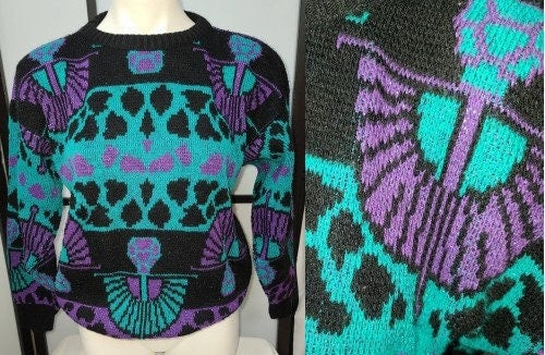 Vintage 1980s Sweater Amazing Black Purple Green Metallic Abstract Pattern Pullover Sweater Lauren Boho L XL