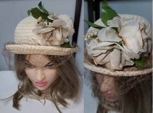 Vintage Straw Hat 1930s 40s Round Cream Straw Hat Brim Large White Flower Fine Beige Net Veil Art Deco Mid Century Rockabilly 20.5 in.