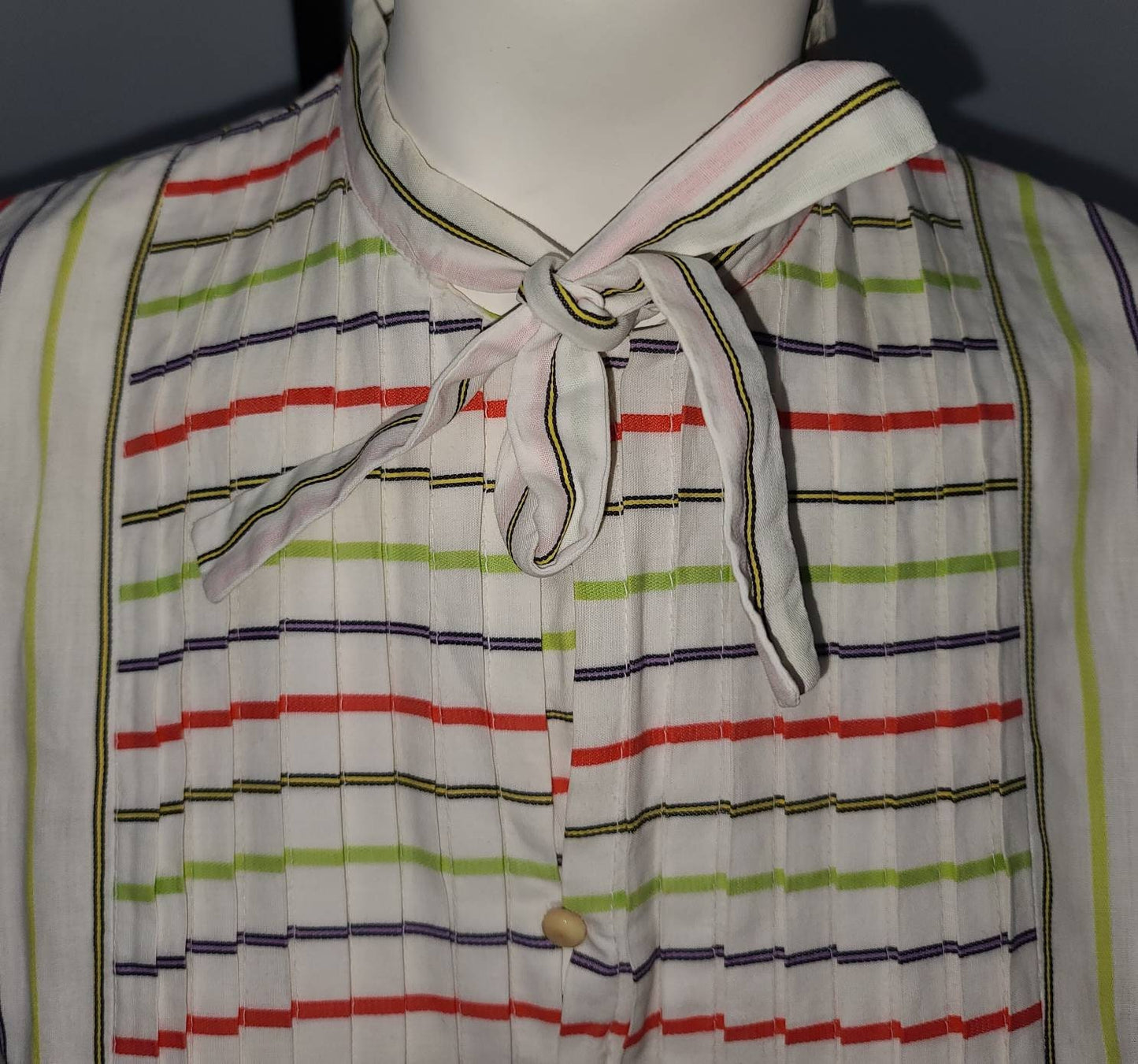 Vintage 1950s Dress Colored Pinstripe Lightweight Cotton Day Dress Tie Neck Pleated Bodice Mid Century Rockabilly S