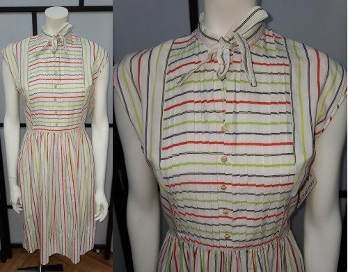 Vintage 1950s Dress Colored Pinstripe Lightweight Cotton Day Dress Tie Neck Pleated Bodice Mid Century Rockabilly S