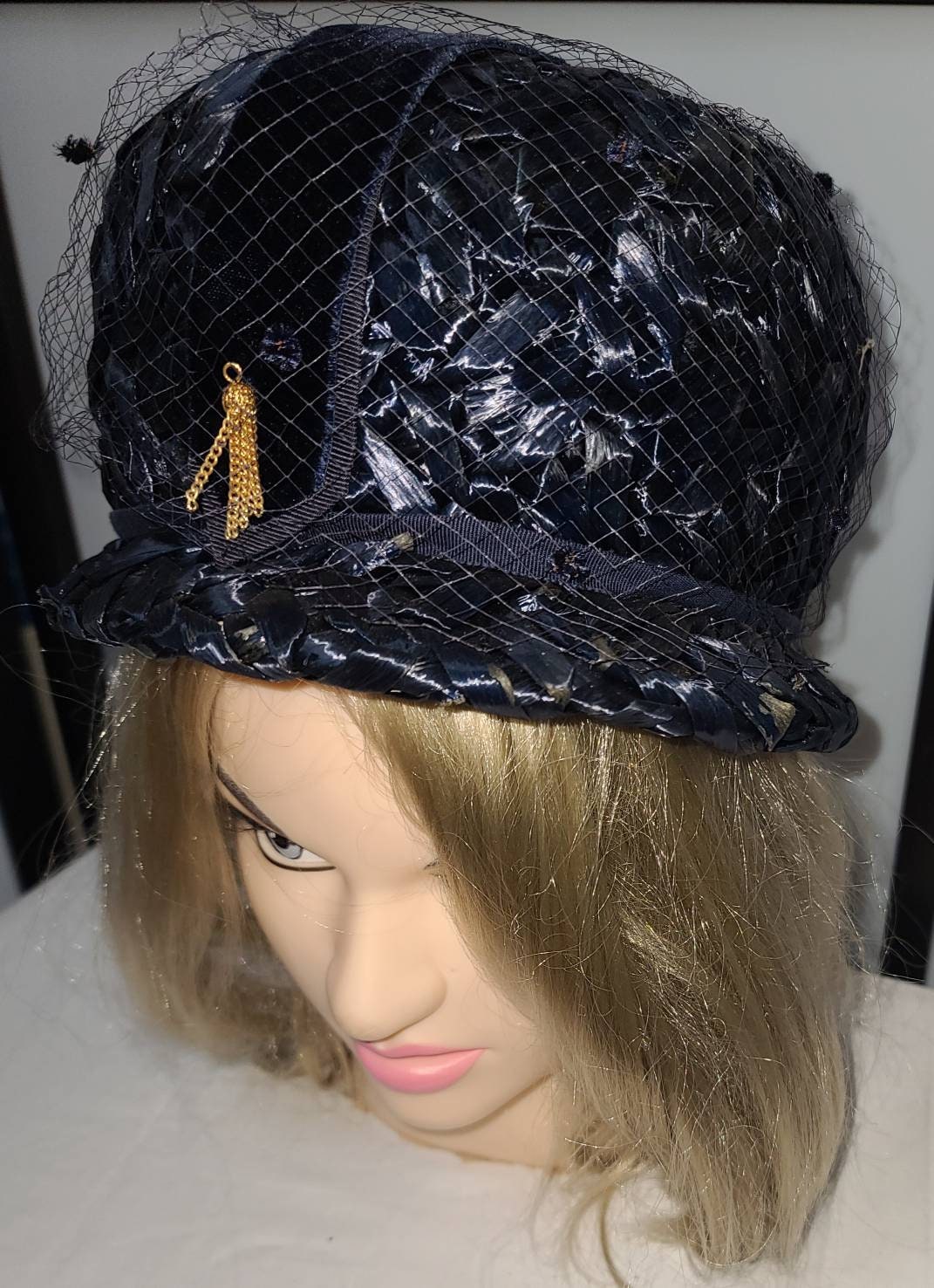Vintage 1960s Hat Navy Blue Straw Raffia Bubble Hat Velvet Ribbon Gold Ornament Mid Century Mod 21 in.