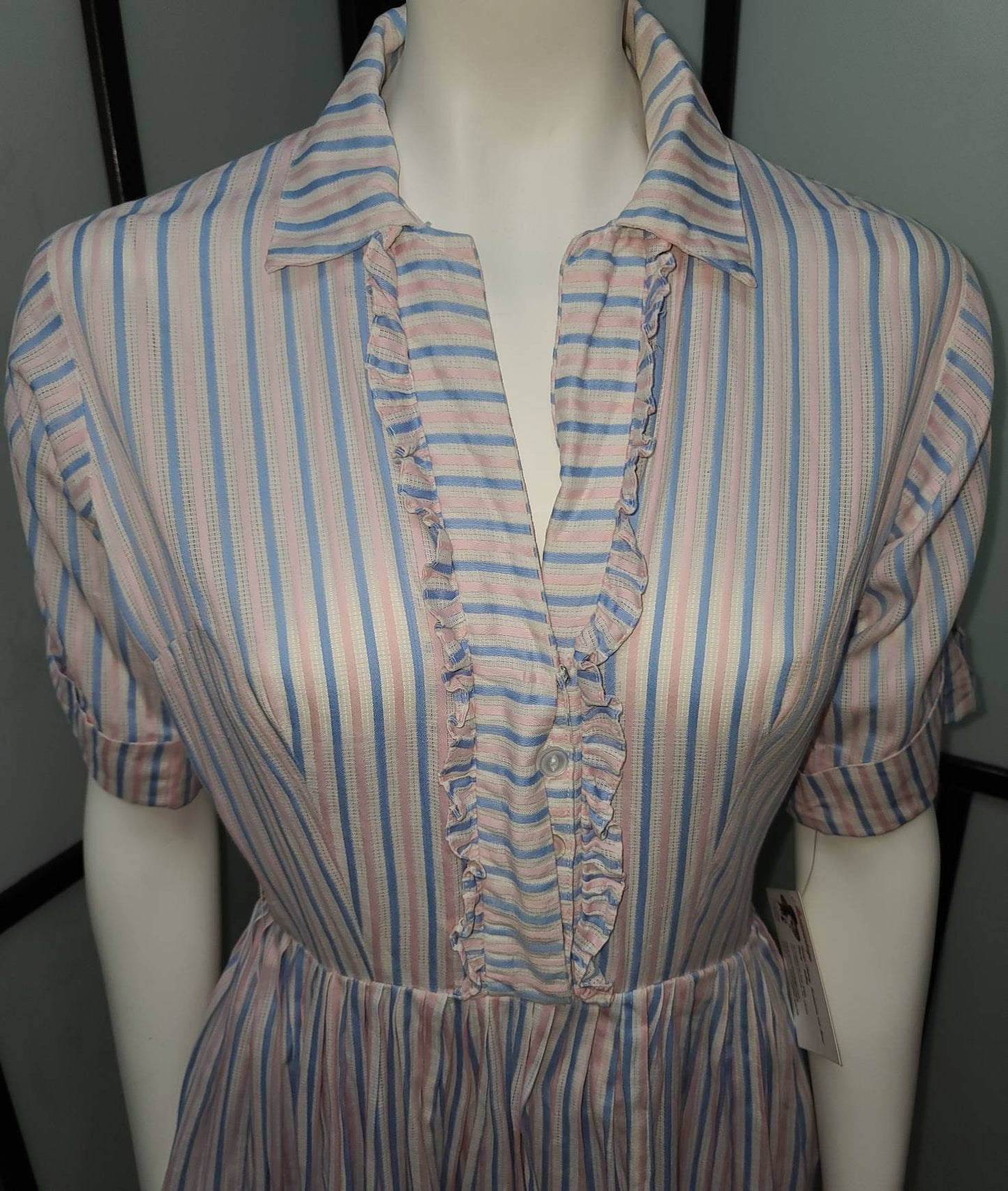 Vintage 1950s Dress Pink Blue White Stripe Lightweight Cotton Summer Dress Ruffle Trim Mid Century Rockabilly S