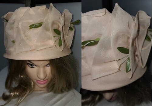 SALE Vintage Pink Hat Round 1950s 60s Light Pink Hat Green Faux Leaves Mid Century Garden Party Rockabilly 20.5 in. light age stains