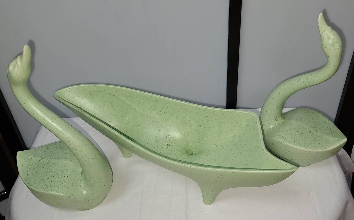 Vintage Console Set 1950s Green Speckle Abstract Planter Bowl 2 Long Neck Swans Swan Stanford Sebring Pottery Mid Century MCM