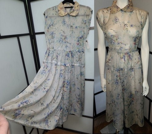 Vintage 1950s Dress Sheer Light Blue Nylon Watercolor Abstract Floral Print Dress Mid Century German Rockabilly M L