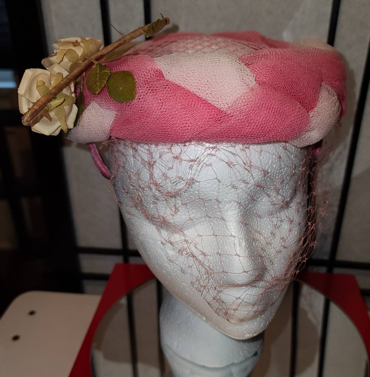 Vintage Pink Hat 1950s 60s Round Open Cocktail Hat Perch Hat Light Dark Pink Net Tulle Front Veil Faux Flower Mid Century Rockabilly 19 in.