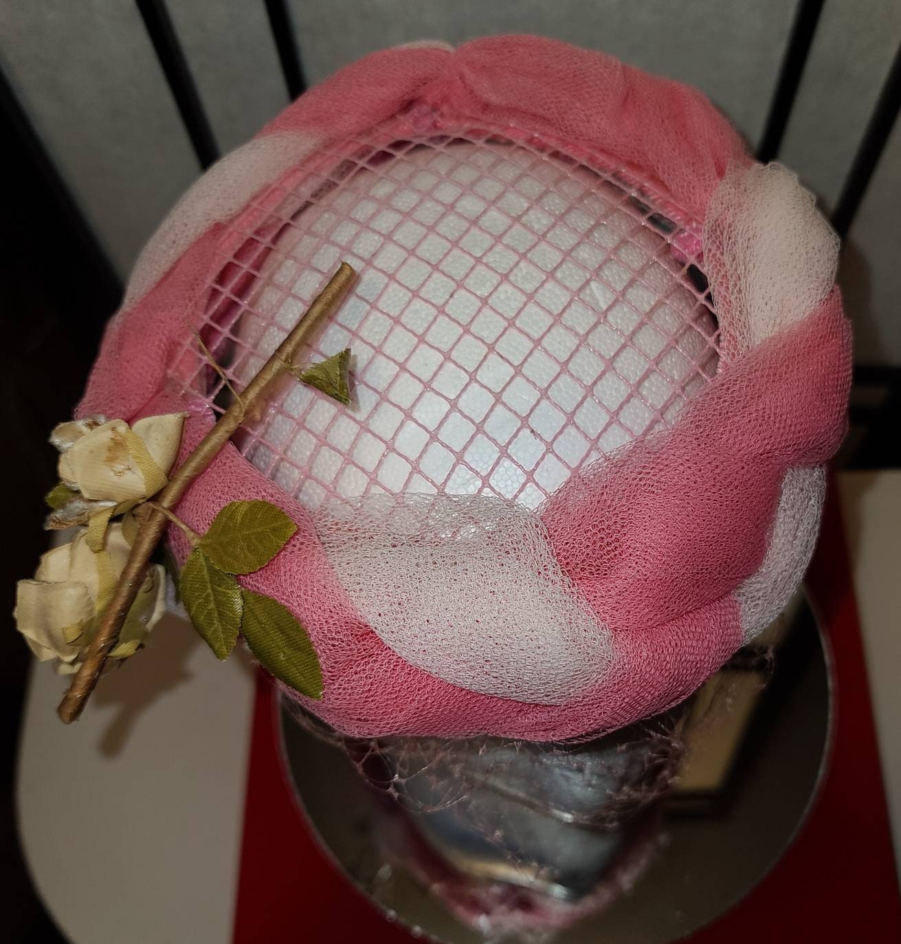 Vintage Pink Hat 1950s 60s Round Open Cocktail Hat Perch Hat Light Dark Pink Net Tulle Front Veil Faux Flower Mid Century Rockabilly 19 in.