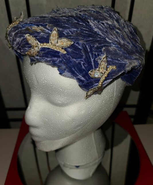 Vintage Velvet Hat 1940s 50s Purple Velvet Leaf Pattern Half Hat Clamp Hat Pearl Sequin Bead Oranments Art Deco Mid Century