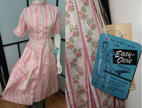 DEADSTOCK Vintage 1950s Dress Pink Cotton Floral Stripe Shirtwaist Dress Buttons Down Front Unworn NWT Mid Century Rockabilly S small issues
