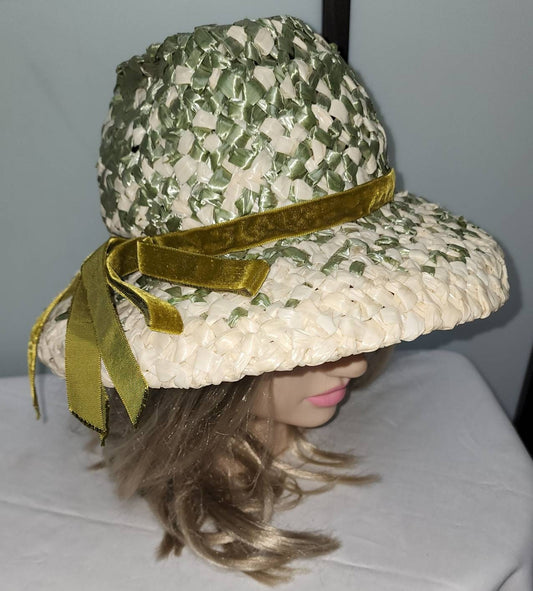 Vintage Straw Hat Large 1950s Sage Green Cream Straw Raffia Woven Hat Wide Brim Velvet Ribbon Dana Marte Mid Century Rockabilly 21.5 in.