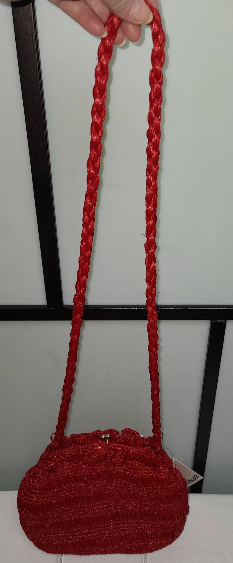 SALE Vintage Red Purse Small 1970s Red Woven Raffia Bag Long Shoulder Strap Boho