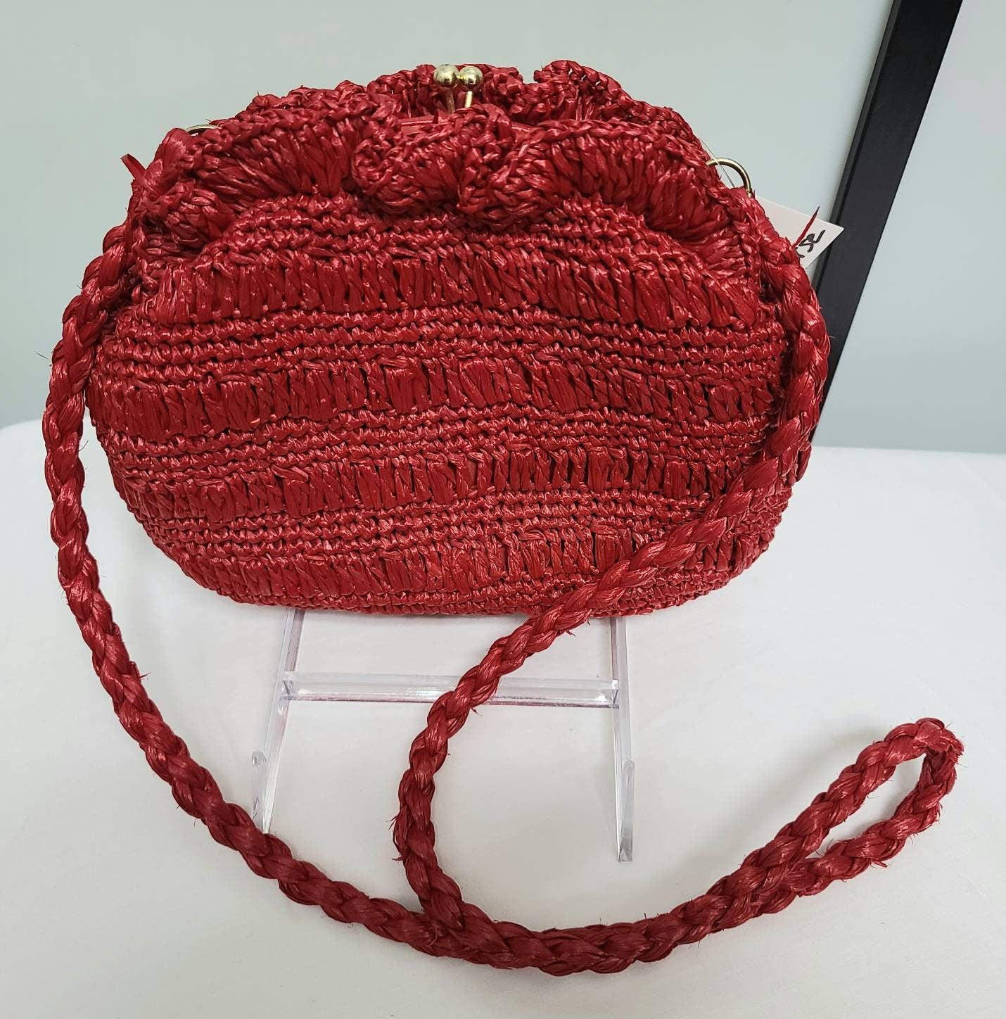 SALE Vintage Red Purse Small 1970s Red Woven Raffia Bag Long Shoulder Strap Boho