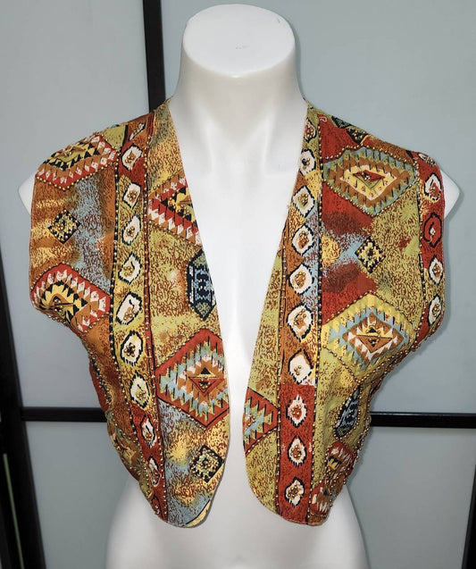 Vintage 1990s Vest Bright Cotton Geometric Print Beaded Vest India Hippie Boho S