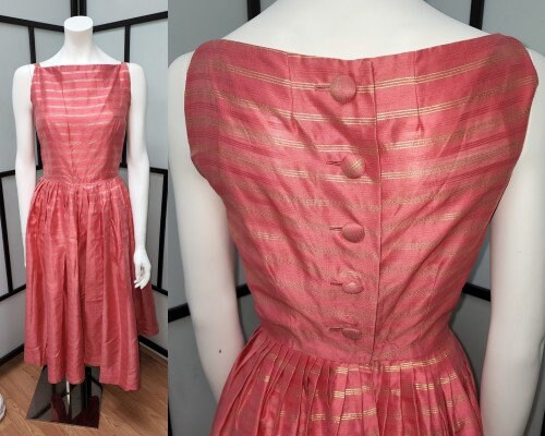 Unworn Vintage 1950s Dress Crisp Salmon Pink Metallic Gold Stripe Back Button Full Skirt Dress Jerry Gilden Jrs. Mid Century Rockabilly M