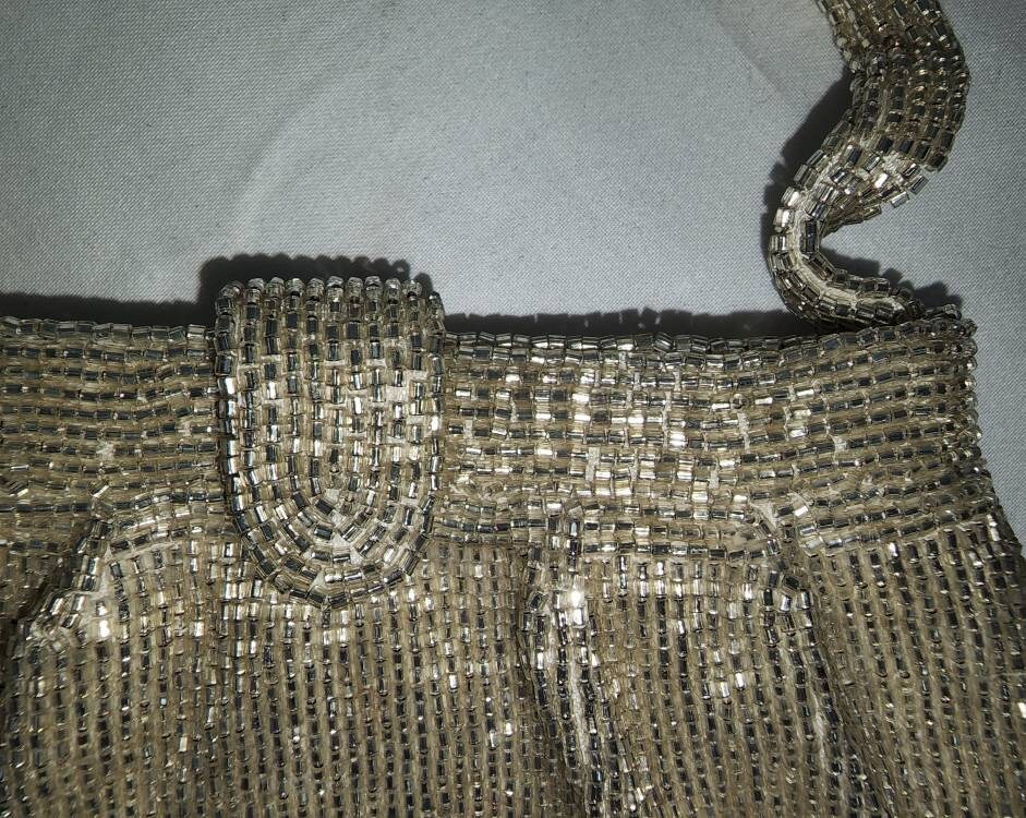 Vintage Beaded Purse 1950s 60s Silver Glass Bugle Bead Small Top Handle Bag Beaded Fringe 1930s Style Flapper Deco