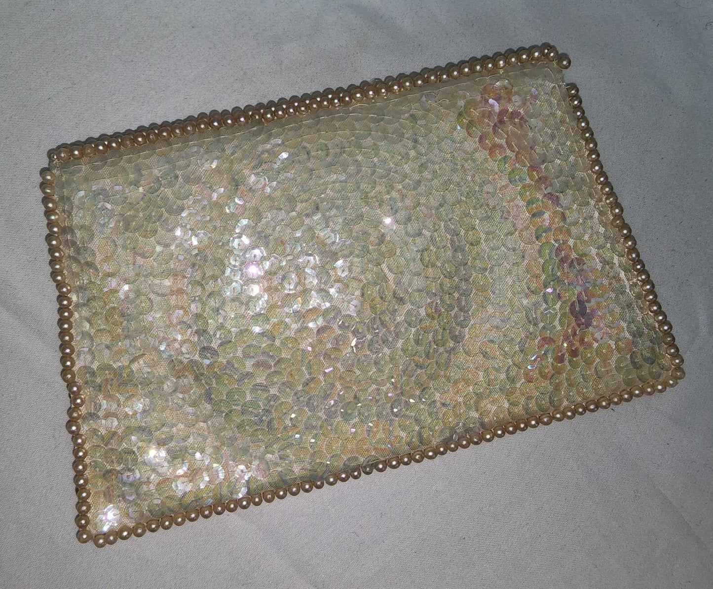 Vintage Sequin Bead Purse 1960s Small Cream Satin Beaded Sequin Butterfly Clutch Wedding Bridal Rockabilly 7.5 x 5 in. 1 or 2 missing pearl