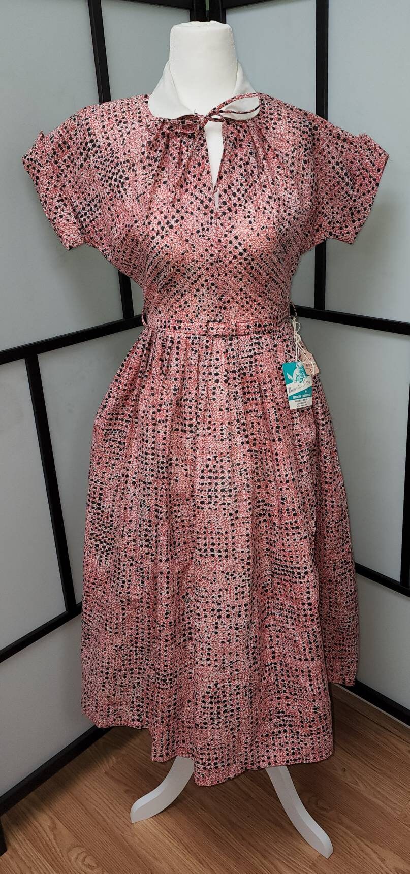 DEADSTOCK Vintage 1950s Dress Red Black Abstract Dot Pattern Day Dress White Collar Keyhole Neck Unworn NWT Mid Century Rockabilly S